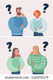 Vector cartoon illustration of Set of character man greets. thinks and finds a solution. Female an male carachter with faces a choice. Man and woman, question signts.