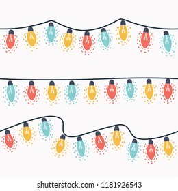 Vector Cartoon Illustration Of Set Of Christmas Lights Garland, Decoration For The Holiday On White Background. Lamp In Different Colors. Seamless Pattern In Modern Style.