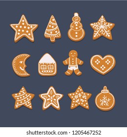 Vector cartoon illustration of Set Christmas gingerbread: gingerbread house, heart, Xmas tree, snowman, stars, heart, man on dark background.