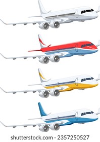 A vector cartoon illustration of a set of commercial airline airplanes flying isolated on a white background