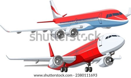 A vector cartoon illustration of a set of commercial airline airplanes flying in the sky