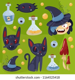 Vector cartoon illustration set. Creepy cute halloween. A potion, a small witch, a black cat, a spider, mushrooms, eyes, bottles, test tubes.