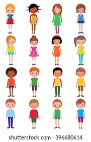Vector cartoon illustration of a set of different kids girls and boys on a white background