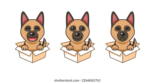 Vector cartoon illustration set of german shepherd dog showing different emotions in cardboard boxes for design.