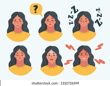 Vector cartoon illustration of Set of girl woman facial emotions. Different female emotions set. Woman emoji character with different expressions.