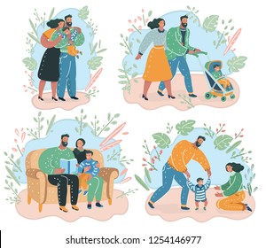 Vector cartoon illustration of set of happy family. Try to walk, reading book, give a hug. Vector cartoon illustration of set of happy family. Try to walk, reading book, give a hug.