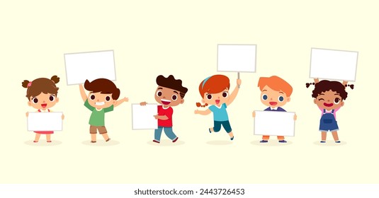 Vector cartoon illustration of set of happy and cute kids holding blank sign.