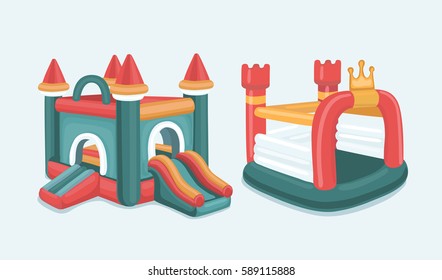 Vector Cartoon Illustration Set Of Inflatable Castles And Children Slides. Isolated On White Background