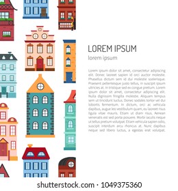 Vector cartoon illustration with set of isolated country or beach or travel vacation houses. Rent, sale buildings. Front exterior view house background with trees, water. Cute flat vacation home