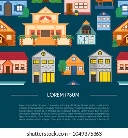 Vector cartoon illustration with set of isolated country or beach or travel vacation houses. Rent, sale buildings. Front exterior view house background with trees, water. Cute flat vacation home
