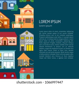 Vector cartoon illustration with set of isolated country or beach or travel vacation houses. Rent, sale buildings. Front exterior view house background with trees, water. Cute flat vacation home