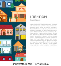 Vector cartoon illustration with set of isolated country or beach or travel vacation houses. Rent, sale buildings. Front exterior view house background with trees, water. Cute flat vacation home