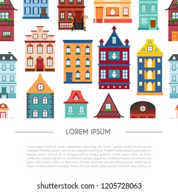 Vector cartoon illustration with set of isolated country or beach or travel vacation houses. Rent, sale buildings. Front exterior view house background with trees, water. Cute flat vacation home