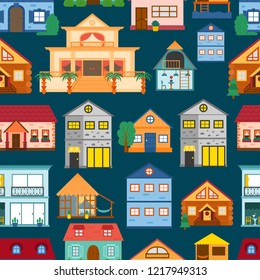 Vector cartoon illustration with set of isolated country or beach or travel vacation houses. Rent, sale buildings. Front exterior view house background with trees, water. Cute flat vacation home