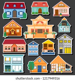 Vector cartoon illustration with set of isolated country or beach or travel vacation houses. Rent, sale buildings. Front exterior view house background with trees, water. Cute flat vacation home