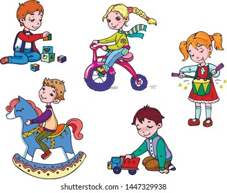 Vector cartoon illustration set isolated cute children colorful pastime childrenhood game play boy girl isolated collection set
