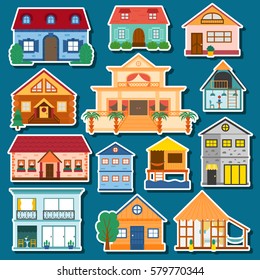 Vector cartoon illustration with set of isolated country or beach or travel vacation houses. Rent, sale buildings. Front exterior view house background with trees, water. Cute flat vacation home