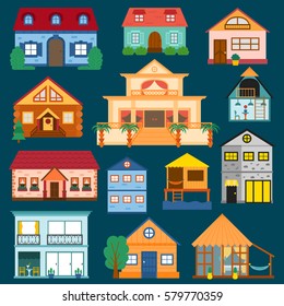 Vector cartoon illustration with set of isolated country or beach or travel vacation houses. Rent, sale buildings. Front exterior view house icon with trees, water. Cute flat vacation home