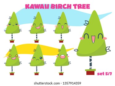 Vector cartoon illustration. Set of kawaii smiles with different face expression. Signs, symbols of birch tree with funny eyes. Smiling, happy, angry, grumpy anime muzzles. Set 5 from 7
