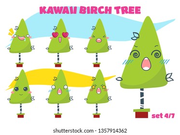 Vector cartoon illustration. Set of kawaii smiles with different face expression. Signs, symbols of birch tree with funny eyes. Smiling, happy, angry, grumpy anime muzzles. Set 4 from 7