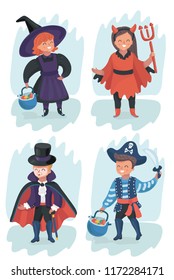 Vector cartoon illustration set of Kid, wearing halloween costumes. Little girls and boys. Cute characters: pirate, vampire, witch, devil
