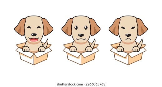 Vector cartoon illustration set of labrador retriever dog showing different emotions in cardboard boxes for design.