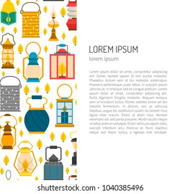 Vector cartoon illustration with set of lanterns: old, modern, vintage. electric lamp, candle. Decorative source of light. Handle gas or oil lamp. Camping lanterns background