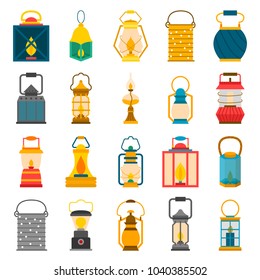 Vector cartoon illustration with set of lanterns: old, modern, vintage. electric lamp, candle. Decorative source of light. Handle gas or oil lamp. Camping lanterns isolated on white background