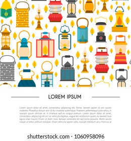 Vector cartoon illustration with set of lanterns: old, modern, vintage. electric lamp, candle. Decorative source of light. Handle gas or oil lamp. Camping lanterns background