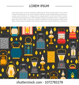 Vector cartoon illustration with set of lanterns: old, modern, vintage. electric lamp, candle. Decorative source of light. Handle gas or oil lamp. Camping lanterns background