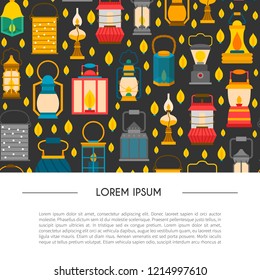 Vector cartoon illustration with set of lanterns: old, modern, vintage. electric lamp, candle. Decorative source of light. Handle gas or oil lamp. Camping lanterns background