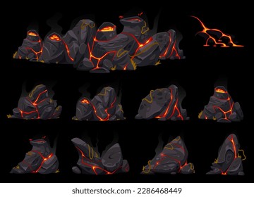 Vector cartoon illustration set of lava stones, blocks, bricks, rocks with hot fire lava flows, blocks for game levels, background textures, isolated on black background