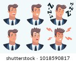 Vector cartoon illustration set of male facial emotions. Office worker, businessman in suit. Character, different expressions. Laughing, smiling, crying, sad, angry, frightened, sleepy, bored, angry.
