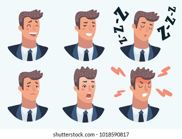 Vector cartoon illustration set of male facial emotions. Office worker, businessman in suit. Character, different expressions. Laughing, smiling, crying, sad, angry, frightened, sleepy, bored, angry.