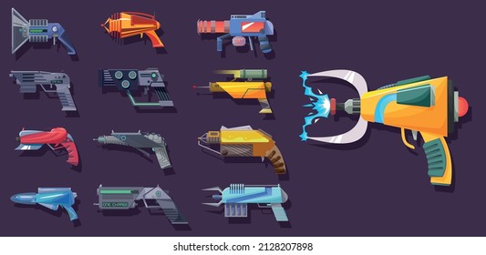 Vector cartoon illustration set with many blaster weapons, space weapons