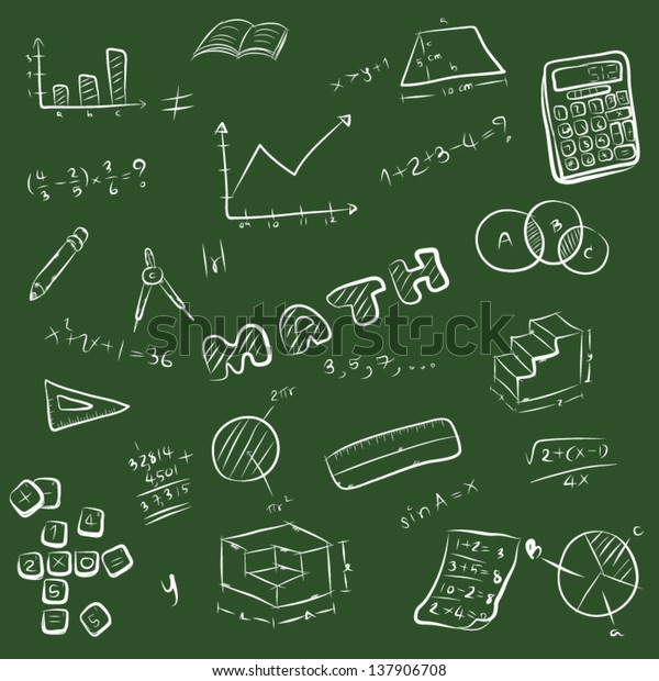 ベクターカートーン 数学シンボルのイラストセット 機器 学校の数学の教科 緑の背景に白い線とスケッチ チョークスタイルのイメージ のベクター画像素材 ロイヤリティフリー