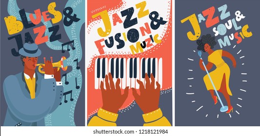 Vector cartoon illustration of Set of music cards and banners, posters. Music cards with singer, piano, hands, trumpet player. Jazz music festival banners. Colorful jazz concert posters