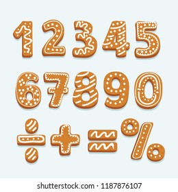 Vector cartoon illustration of Set of vector numbers in shape of Christmas gingerbread, decorated white icing, isolated on white.  Multiplication, division, equal, plus, minus signs