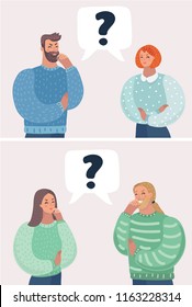 Vector cartoon illustration of set of people, men and women. Thinking, isolated on white background. Portraits of thinking people with question marks