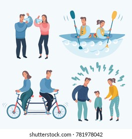 Vector cartoon illustration set of People  Quarrelling Making A Loud Public Scandal Characters Aggressive And Violent Behavior. Family trouble, yells. Angry man woman. Wrong relationship, psychology.