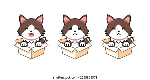 Vector cartoon illustration set of ragamuffin cat showing different emotions in cardboard boxes for design.