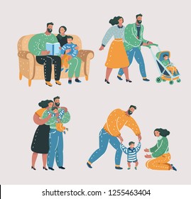 Vector cartoon illustration of Set scenes of family life. Mother, father and son. Reading book, walking with stroll, help make first step, give a hug.