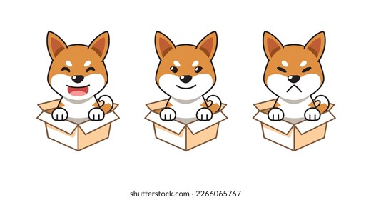 Vector cartoon illustration set of shiba inu dog showing different emotions in cardboard boxes for design.