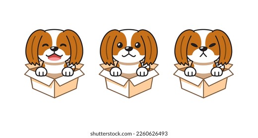 Vector cartoon illustration set shih tzu dog showing different emotions in cardboard boxes for design 