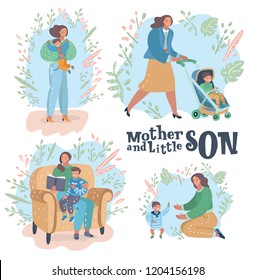 Vector cartoon illustration of set showing different roles, gestures, scenes of a mom and son. of Happy Mother's Day celebration. Big hugs, walk with a pram, reading a book aloud, toddler try to walk.