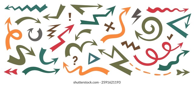 Vector cartoon illustration of set of simple different brush arrow on white color background. Flat doodle hand drawn style design of collection of retro abstract shape arrow for web, site, banner