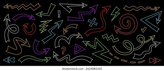 Vector cartoon illustration of set of simple different abstract line arrow brush on dark background. Flat doodle style design of collection of neon color various outline marker arrow for banner