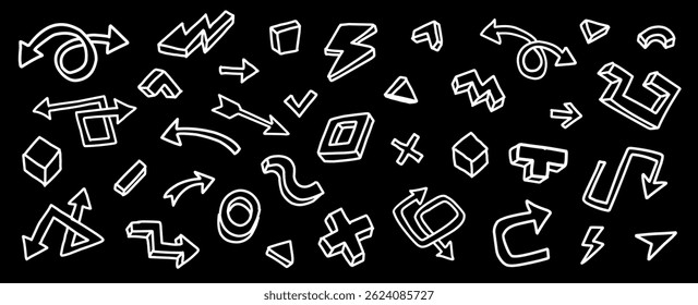Ilustración de dibujos animados de Vector de conjunto de flecha de contorno diferente simple y elemento abstracto sobre fondo de color negro. Diseño de estilo plano dibujado a mano de doodle de colección de tiza blanca flecha de forma retro