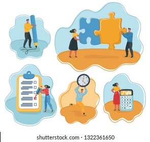 Vector cartoon illustration of Set of Start Up, Digital Marketing, Big Idea and Team Work. Women and men with calculator, pencil, binoculars, hourglass, white background.