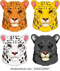 A vector cartoon illustration of a set of tiger heads in different colors